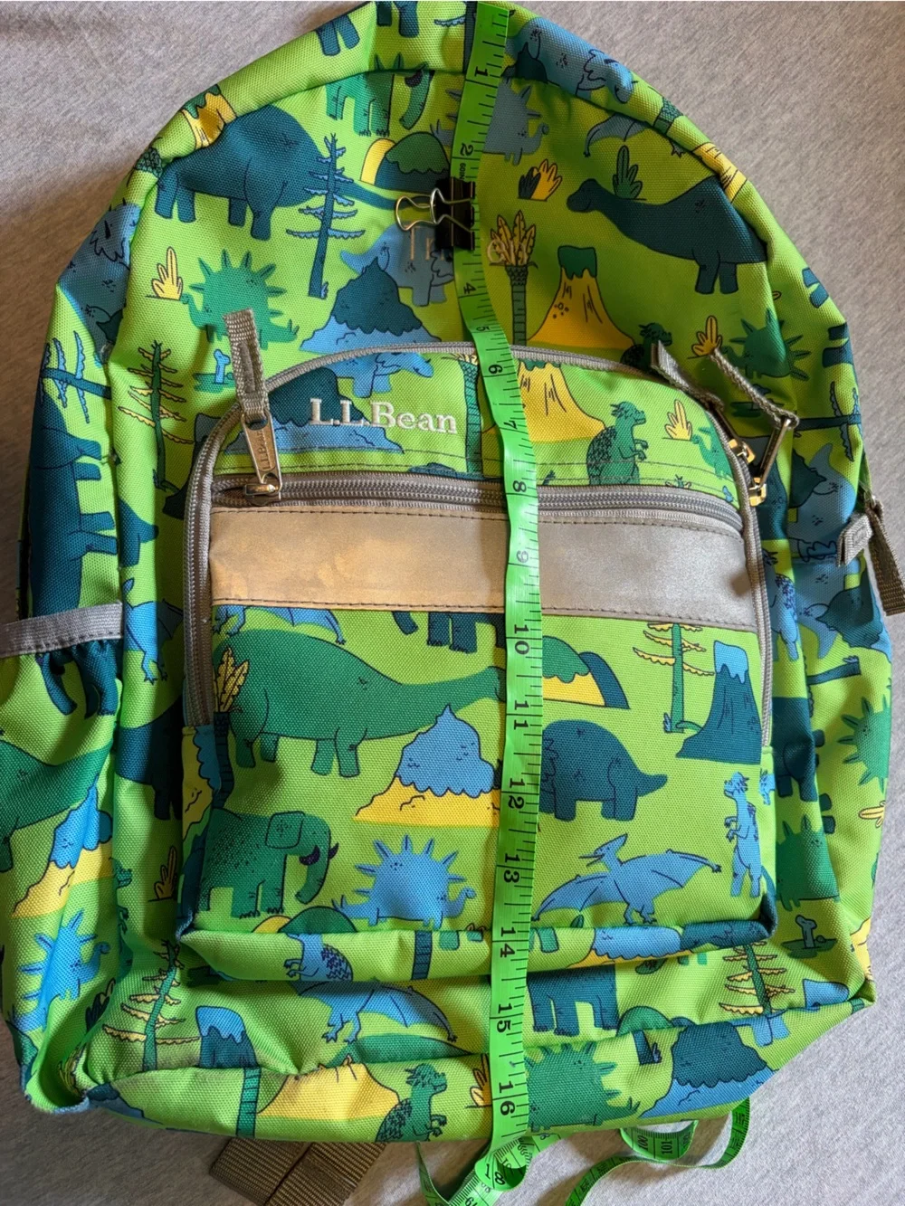 L.L. Bean Kids Dinosaur Print Small Backpack Green & Blue School Boy 16”x12”x4”